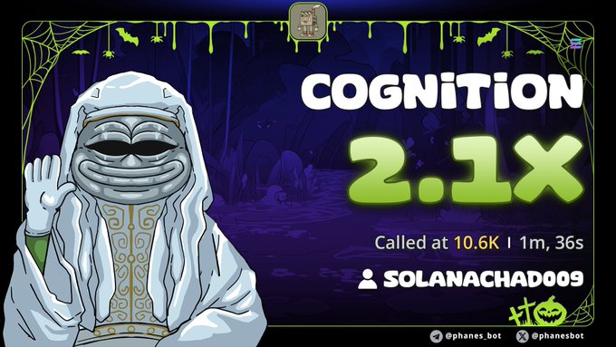 A Halloween-themed graphic shows a hooded figure in a mask with text reading 'COGNITION 2.1X', 'Called at 10.6K | 1m, 36s', and 'SOLANACHAD009' along with handles '@phanes.bot'.