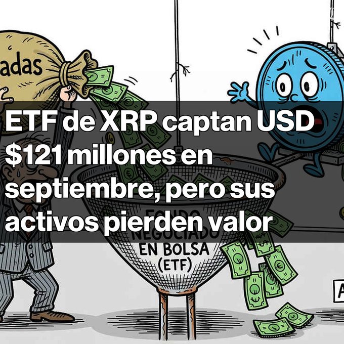 A cartoon illustration showing a money bag pouring cash into a funnel labeled 'NEGOCIADO EN BOLSA (ETF)' with text overlay: 'ETF de XRP captan USD $121 millones en septiembre, pero sus activos pierden valor'.