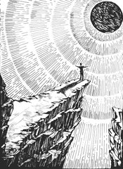 A black-and-white illustration depicts a lone figure standing on a cliff edge, gazing up at a massive, radiating sun or moon, evoking themes of contemplation, isolation, and eternity that complement the title "Round After Round." The stark, concentric line work and dramatic scale emphasize the cyclical, introspective nature suggested by the artwork's listing as a 1/1 piece on Tezos (XTZ).