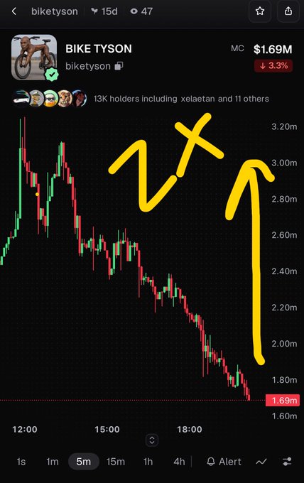 A cryptocurrency trading chart for 'BIKE TYSON' (biketyson) showing a market cap of $1.69M with a downward trend marked by yellow arrows indicating '2X' recovery potential.
