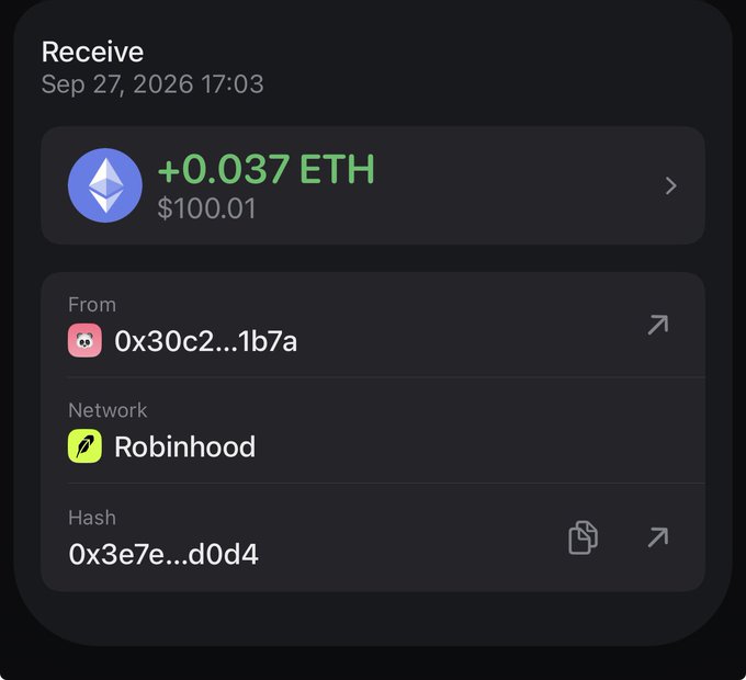 A crypto wallet notification showing a received amount of "+0.037 ETH" (~$100.01) from address "0x30c2...1b7a" on the Robinhood network, transaction hash "0x3e7e...d0d4," dated Sep 27, 2026 17:03 — illustrating the $100 ETH airdrop mentioned in the post about the $GARRI token drop.