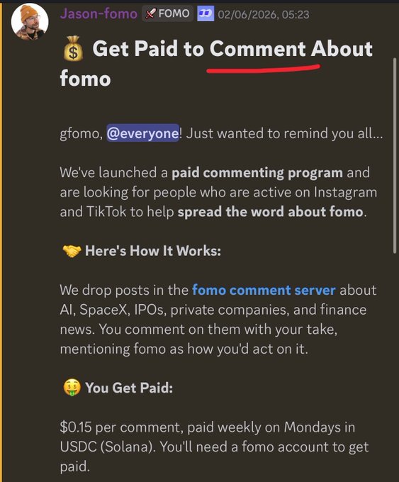 A Discord-style post from 'Jason-fomo' announces 'Get Paid to Comment About fomo,' detailing a paid commenting program offering $0.15 per comment, paid weekly in USDC on Solana.