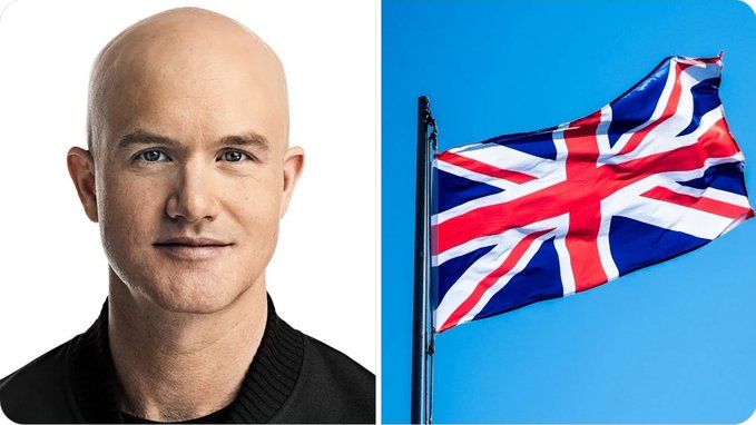 A split image shows a portrait of a man on the left alongside the Union Jack flag of the United Kingdom waving against a blue sky on the right, visually representing Coinbase's expansion into the UK market following its newly secured MiFID license.