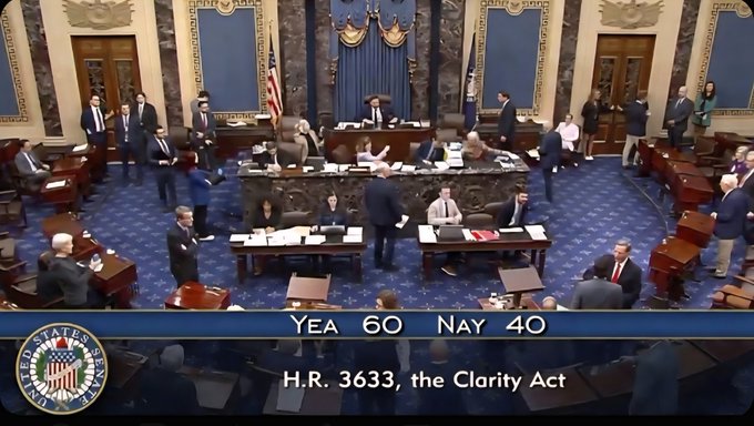 The U.S. Senate chamber during a vote showing 'YEA 60 NAY 40' on 'H.R. 3633, the Clarity Act' with the United States Senate seal visible.