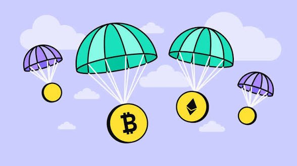A cartoon illustration shows four parachutes in green and purple descending from a purple sky, carrying gold coins, with the Bitcoin (₿) and Ethereum (Ξ) logos visible on two of the coins.