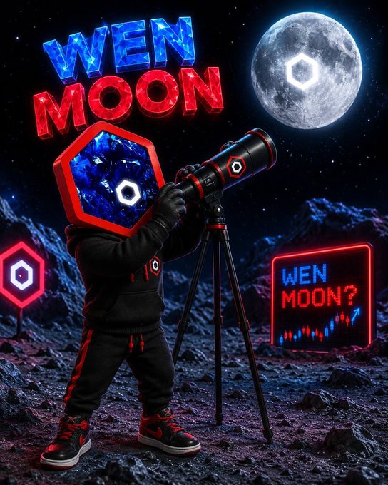 A stylized 3D render of a figure with a blue gemstone hexagonal head operating a telescope on a lunar-like surface. Glowing text reads 'WEN MOON,' a neon sign asks 'WEN MOON?' above a rising chart, and the Chainlink logo appears on the moon and nearby signs.