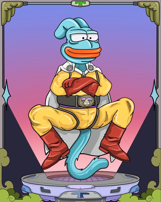 Cartoon illustration of a muscular blue jellyfish-like character in yellow and red superhero attire sitting on a throne-like seat.