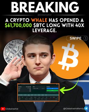 A man in a suit holds his hand to his ear beside a large Bitcoin logo, with text announcing that a crypto whale has opened a $61,700,000 BTC long position using 40x leverage, illustrating the high-stakes Bitcoin trade described in the post.
