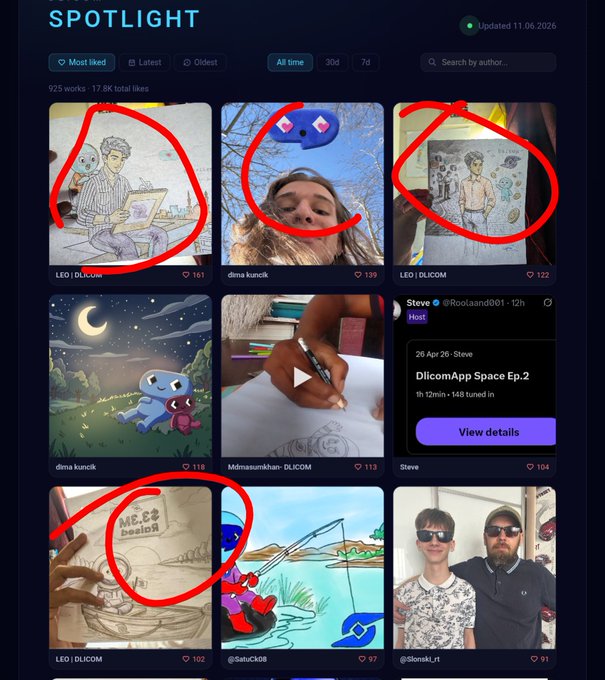 The image features a screenshot of a blog or social media page, where various posts are listed along with pictures. There are at least nine images posted on this page, which includes images of drawings. The first picture shows an artist's drawing being highlighted by a red circle in the top left corner, and it is titled "Dlicom Spotlight". The remaining images have the same red circles indicating they are part of a spotlight series or a discussion thread related to art or creativity.

The posts on this page were created to promote the work of artists and share their creations with others interested in art. The image also contains text that further emphasizes the significance of the artwork being discussed, including words such as "focus", "Dlicom", "app", "@DlicomApp", "@Dlicom", and other terms related to the social media platform or blog.