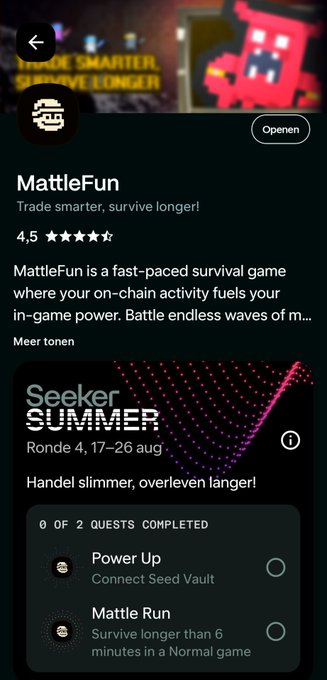 The image shows a mobile app page for "MattleFun," a game with a 4.5-star rating, featuring a "Seeker Summer" promotion (Ronde 4, 17-26 aug) with a quest tracker displaying "0 of 2 quests completed": "Power Up" (Connect Seed Vault) and "Mattle Run" (Survive longer than 6 minutes in a Normal game). This directly relates to the post about the Solana Seeker Summer Round 4 promotion, where completing these two quests earns users free $SKR tokens.