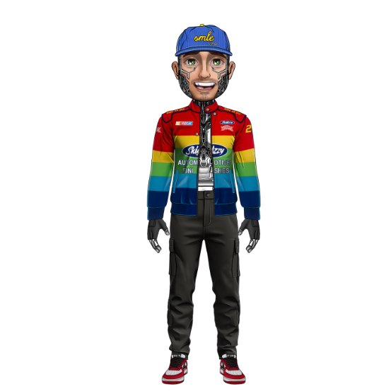 A stylized NFT-style character stands smiling, wearing a blue cap with "smile" text, a rainbow-striped racing jacket with "Smile" and "NASCAR Authentic" branding, black pants, and red and white sneakers. The image complements the post's upbeat, positive message about the arrival of new "People" in the OthersideMeta community, embodying the cheerful, vibrant energy being shared.