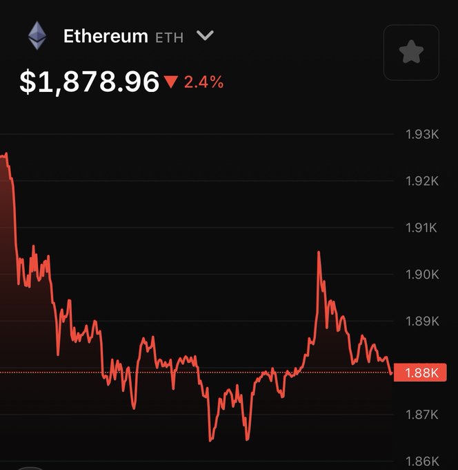 An Ethereum (ETH) price chart showing the current value at $1,878.96, down 2.4%, with a red downward-trending price line on a dark background.