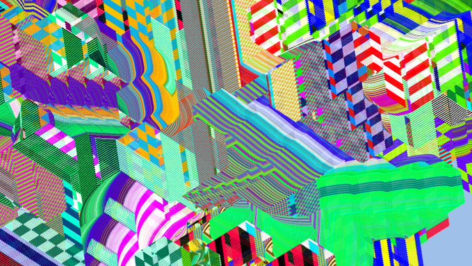 A colorful abstract digital artwork featuring layered geometric patterns, stripes, and wavy lines in vibrant greens, purples, blues, oranges, and reds.