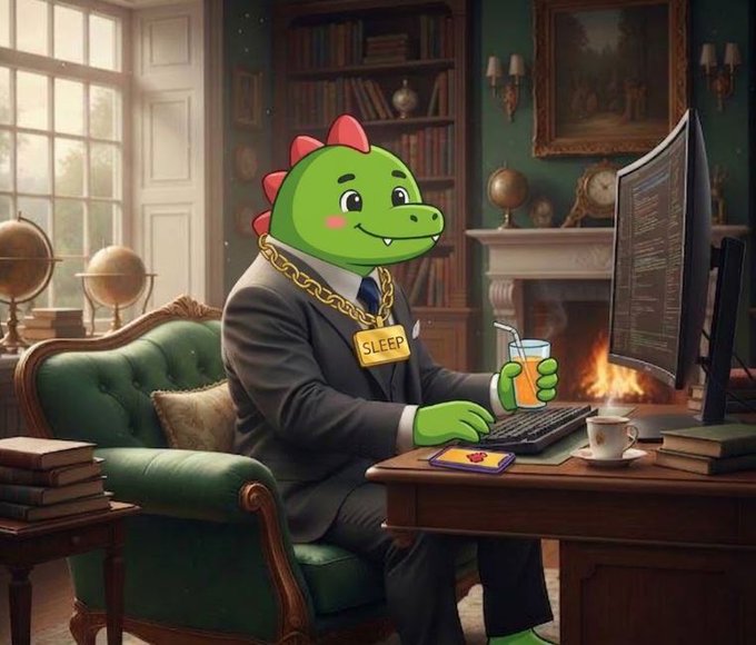 A whimsical illustration of a green cartoon dinosaur wearing a business suit and a gold chain, sitting at a desk working on a computer in a cozy room with a fireplace, holding a glass of orange juice, with a gold pendant reading 'SLEEP'.