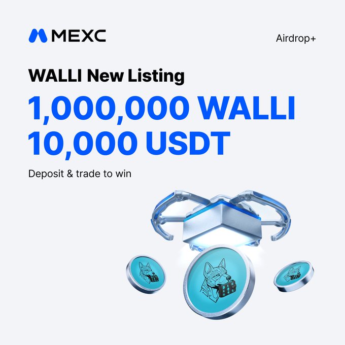 The image features a poster for an Airdrop+ campaign that encourages people to invest in cryptocurrency. The poster includes a blue dog logo with the text "MEXC New Airdrop+ Listing! $WALLI @wallitelli_ai $WALLI/USDT Trading: May 28, 2026, 07:00 (UTC) Join the Airdrop+ campaign to share 1,000,000 $WALLI & 10,000 USDT mexc.com/mx-activity/de". The poster is designed with a blue background and white text that highlights the key elements of the campaign.