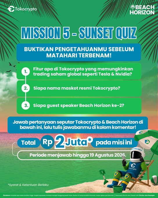 A promotional graphic for "MISSION 5 - SUNSET QUIZ" by Tokocrypto featuring a beach sunset scene with palm leaves, presenting three quiz questions about Tokocrypto's features (global stock trading like Tesla & Nvidia), its mascot, and the 2nd Beach Horizon guest speaker, offering Rp 2 Juta in prizes with an answer deadline of August 19, 2026.