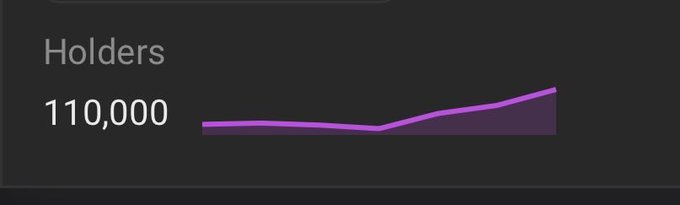 A simple chart display showing 'Holders' at '110,000' with a purple line graph trending upward on a dark background.