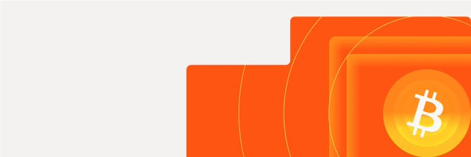 A minimalist graphic features layered orange squares on a light gray background with a glowing orange Bitcoin (₿) coin emblem on the right side.