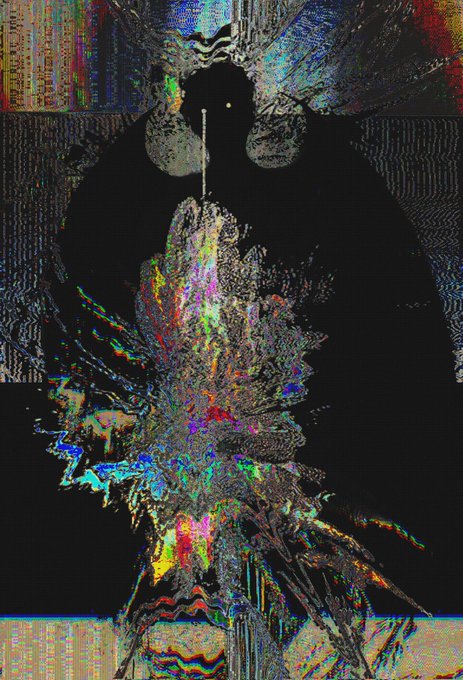 A heavily distorted, glitch-art style figure with a dark, obscured face, featuring chaotic bursts of colorful static-like textures emanating from the body.