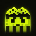A pixelated yellow Space Invader alien icon glows against a black background.