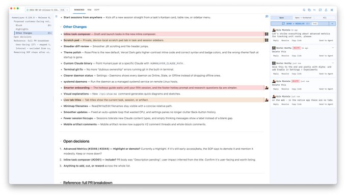 A macOS screen shows a collaborative release notes document in the "Sessions — macOS" channel, displaying version updates including a "#2561" message from "Kyle Mericle" at 2:13 PM dated 9/9, detailing changelog items like "Start sessions from anywhere," "Other Changes," and "Open decisions" with references to GitHub PRs #2561, #2581, and #2564. The interface illustrates the team iterating on release notes in real-time within humanlayer, as noted in the caption.