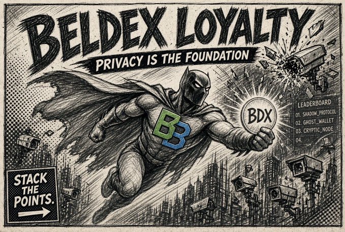 A comic-style illustration promoting 'BELDEX LOYALTY' with the tagline 'PRIVACY IS THE FOUNDATION', featuring a superhero figure holding a 'BDX' coin, alongside elements like 'STACK THE POINTS', a leaderboard with 'SHADOW_PROTOCOL', 'GHOST_WALLET', and 'CRYPTIC_NODE', and crashing surveillance cameras.