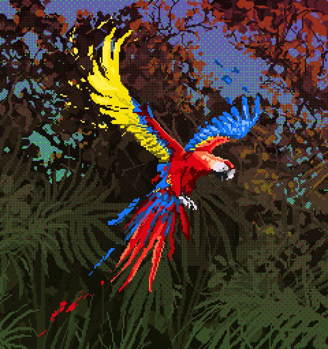 A pixelated digital artwork of a brightly colored macaw in flight over a jungle scene.