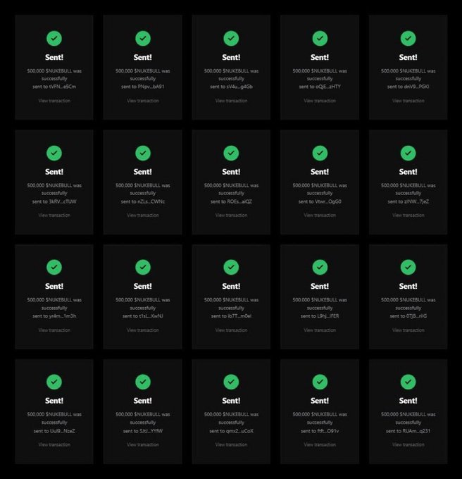 A grid of 20 green checkmark confirmation cards, each displaying 'Sent!' and noting that 500,000 $NAKERBULL was successfully sent to various cryptocurrency wallet addresses.