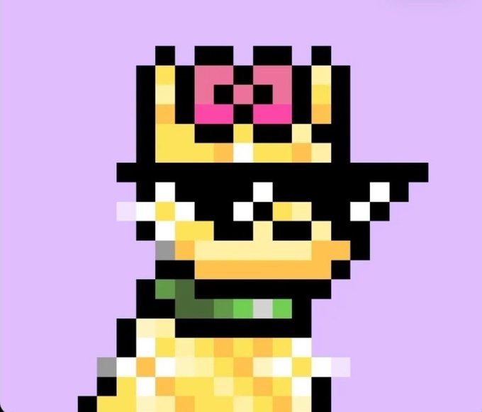 A pixel art sprite of a yellow character with a pink bow and sunglasses stands against a light purple background.