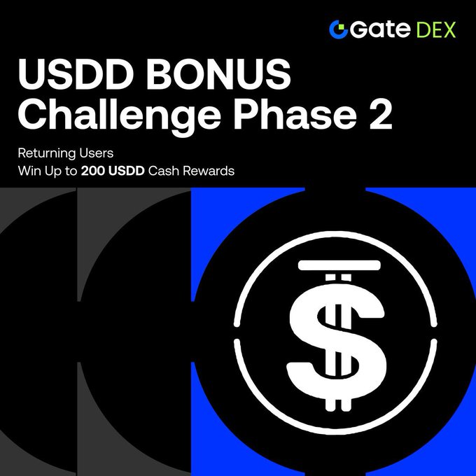 A promotional graphic for GateDEX announcing the 'USDD BONUS Challenge Phase 2,' offering up to 200 USDD cash rewards for returning users.