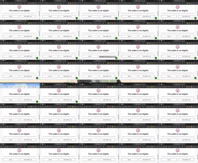 A grid of browser screenshots repeatedly displaying the error message 'This wallet is not eligible' with 'Back' and 'Follow Official on X' buttons.