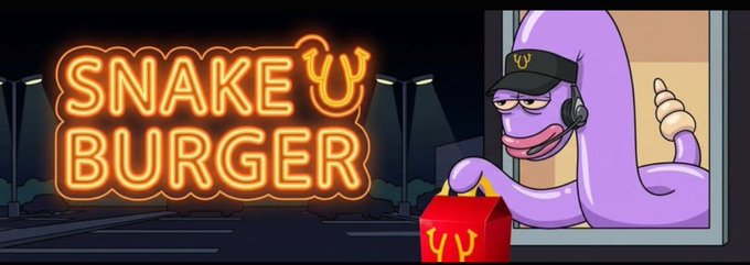A neon sign reading 'SNAKE BURGER' glows brightly, next to a purple snake character in a fast-food window wearing a headset and holding a red takeout bag with snake logos.
