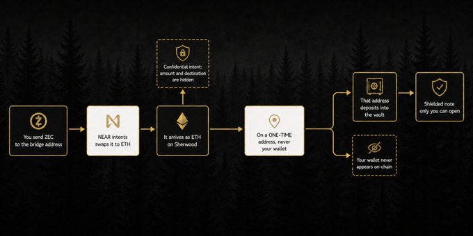 An infographic explaining a crypto transaction process, showing a flow from sending ZEC to a bridge address, swapping via NEAR intents to ETH, and the options of a shielded note or no on-chain wallet appearance.
