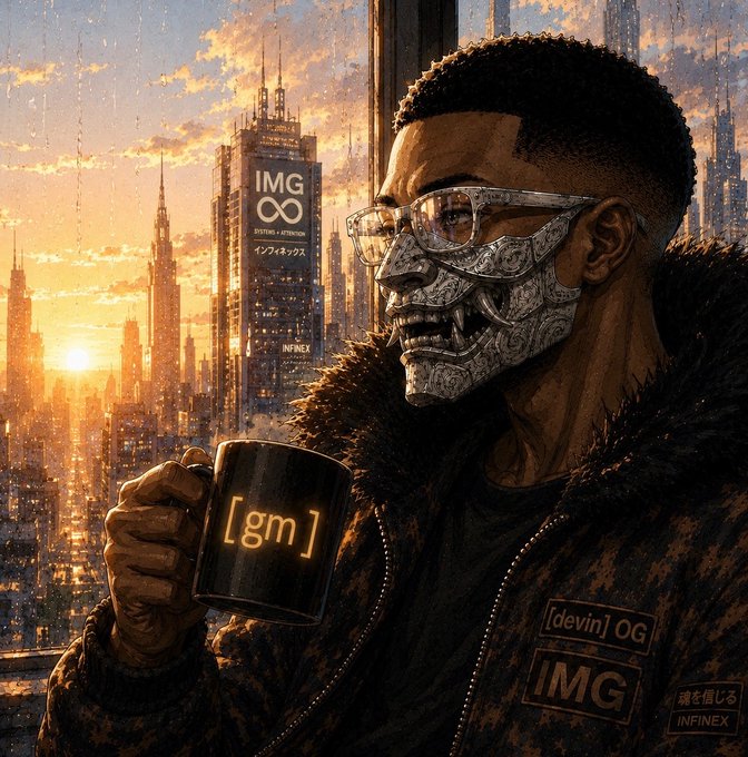 A cyberpunk-style digital art piece showing a man with a metallic jaw and visor drinking from a mug that says "[gm]", set against a futuristic city skyline with the text "IMG" and "[devin] OG" visible.