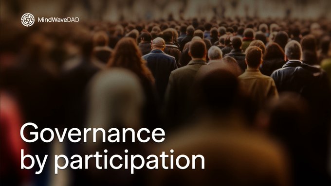 A banner image with the MindWaveDAO logo showing a blurred crowd of people from behind, overlaid with the text 'Governance by participation'.