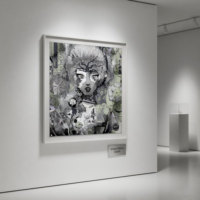 A framed "Unique Edition #SE191" artwork hangs on a white gallery wall, depicting a stylized portrait of a figure with floral and graphic elements in muted tones, displayed next to a white pedestal. The piece visually corresponds to the post announcing the collector's acquisition of the "MurMeow Landscape Design - NFT.NYC 2026 Poster Remix by MurMeow" NFT.