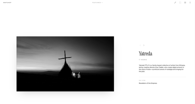 A minimalist website featuring a black and white landscape image of a cross on a hill with two small figures; text reads 'WARSON', 'FEATURED', 'Yatreda', '17 WORKS', and describes Yatreda as a family-based collection of artists from Ethiopia led by creative director Aida Muluneh.