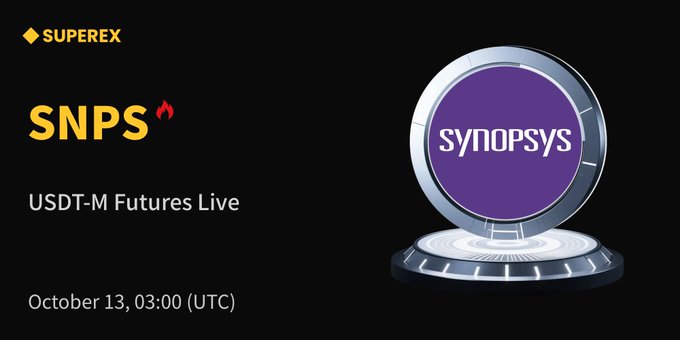 The image announces the launch of SNPS USDT-M Futures on SuperEx, scheduled for October 13 at 03:00 UTC, featuring the Synopsys ticker symbol alongside a futuristic 3D rendering of the Synopsys logo. It visually promotes the new trading pair while reinforcing Synopsys's role in semiconductor design technology.
