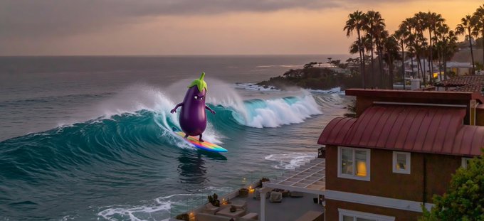 A surreal image of an anthropomorphic eggplant character riding a surfboard on a large wave at a beachside town at sunset.