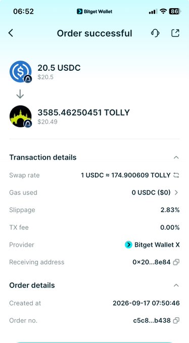 A Bitget Wallet screenshot confirming a successful swap of 20.5 USDC for 3585.46 TOLLY tokens at a rate of 1 USDC ≈ 174.9 TOLLY, with 2.83% slippage and zero TX fee, dated 2026-09-17.
