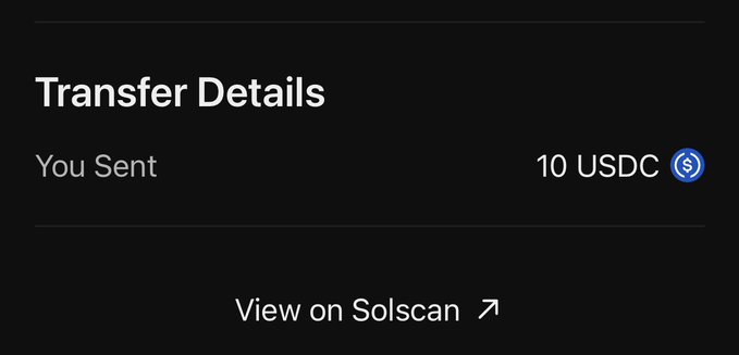 A dark-themed screenshot of a crypto transfer receipt showing "Transfer Details" with the user sending 10 USDC, along with a "View on Solscan" link. The receipt appears to verify the $10 USDC payment that the poster is giving away, with a promised $50 giveaway to follow.