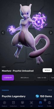 A mobile game character screen showing the Pokémon Mewtwo in its 'Psychic Unleashed' form, labeled as a 'Psychic Legendary' with an unlock price of 150 Gems.