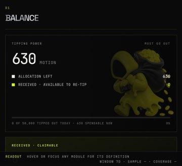 A digital dashboard screen titled 'BALANCE' showing a 'TIPPING POWER' of 630 MOTION, with a green character graphic and details about claimable tips.