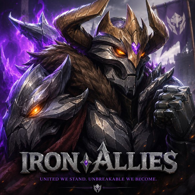A fantasy game promotional artwork for 'IRON ALLIES' showing an armored warrior with glowing eyes, a wolf companion, and the tagline 'UNITED WE STAND, UNBREAKABLE WE BECOME'.