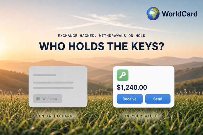 A promotional graphic for 'WorldCard' featuring the headline 'EXCHANGE HACKED. WITHDRAWALS ON HOLD' and 'WHO HOLDS THE KEYS?', contrasting a disabled 'Withdraw' button on an exchange with an active wallet showing a balance of '$1,240.00' and 'Receive' and 'Send' buttons.