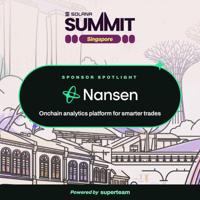A Solana Summit Singapore promotional graphic featuring a "Sponsor Spotlight" on Nansen, described as an "Onchain analytics platform for smarter trades," set against an illustrated cityscape with Supertree Grove elements and credited as "Powered by superteam." The image aligns with the post by highlighting Nansen's presence as a sponsor at the Solana Summit, teasing something special for attendees visiting their booth.