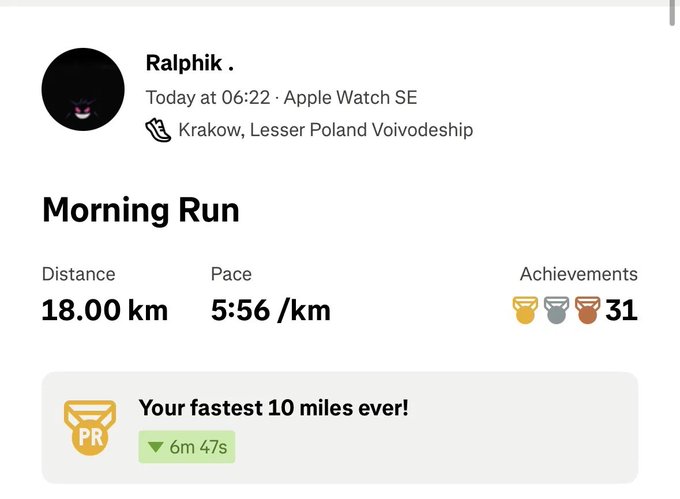 Strava activity by user 'Ralphik' posted at 06:22 via Apple Watch SE from Krakow, Lesser Poland Voivodeship, titled 'Morning Run' covering 18.00 km at a 5:56 /km pace with 31 achievements, including a personal record for fastest 10 miles ever.