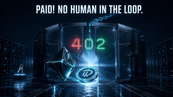 A dark promotional graphic reading 'PAID! NO HUMAN IN THE LOOP.' featuring glowing servers in the background, a digital pyramid, and the numbers '402' in red and green neon lighting.