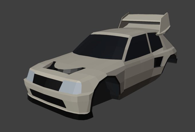 A low-poly 3D rendering of a gray rally car, possibly resembling a Delta Integrale, displayed against a dark background.
