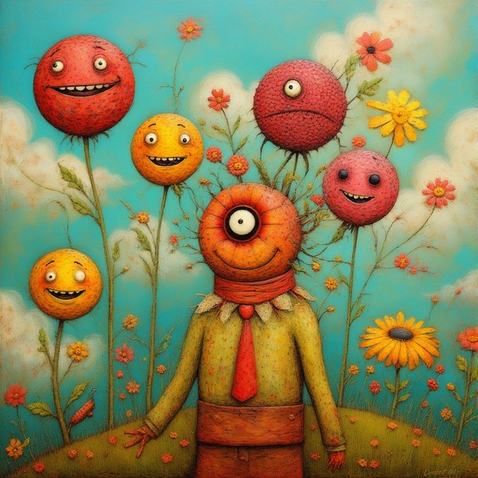 A whimsical, surreal painting depicting a smiling figure with a single eye wearing a red tie, surrounded by tall flowers with colorful, expressive faces against a blue sky with clouds.